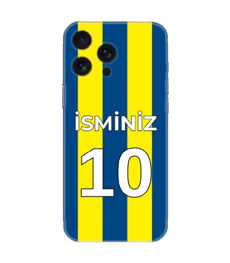 Kişiye özel isimli, mavi sarı çizgili futbol forma desenli telefon kılıfı