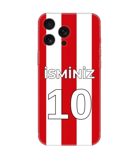Kırmızı beyaz çizgili, kişiye özel isimli ve numaralı Samsung telefon kılıfı