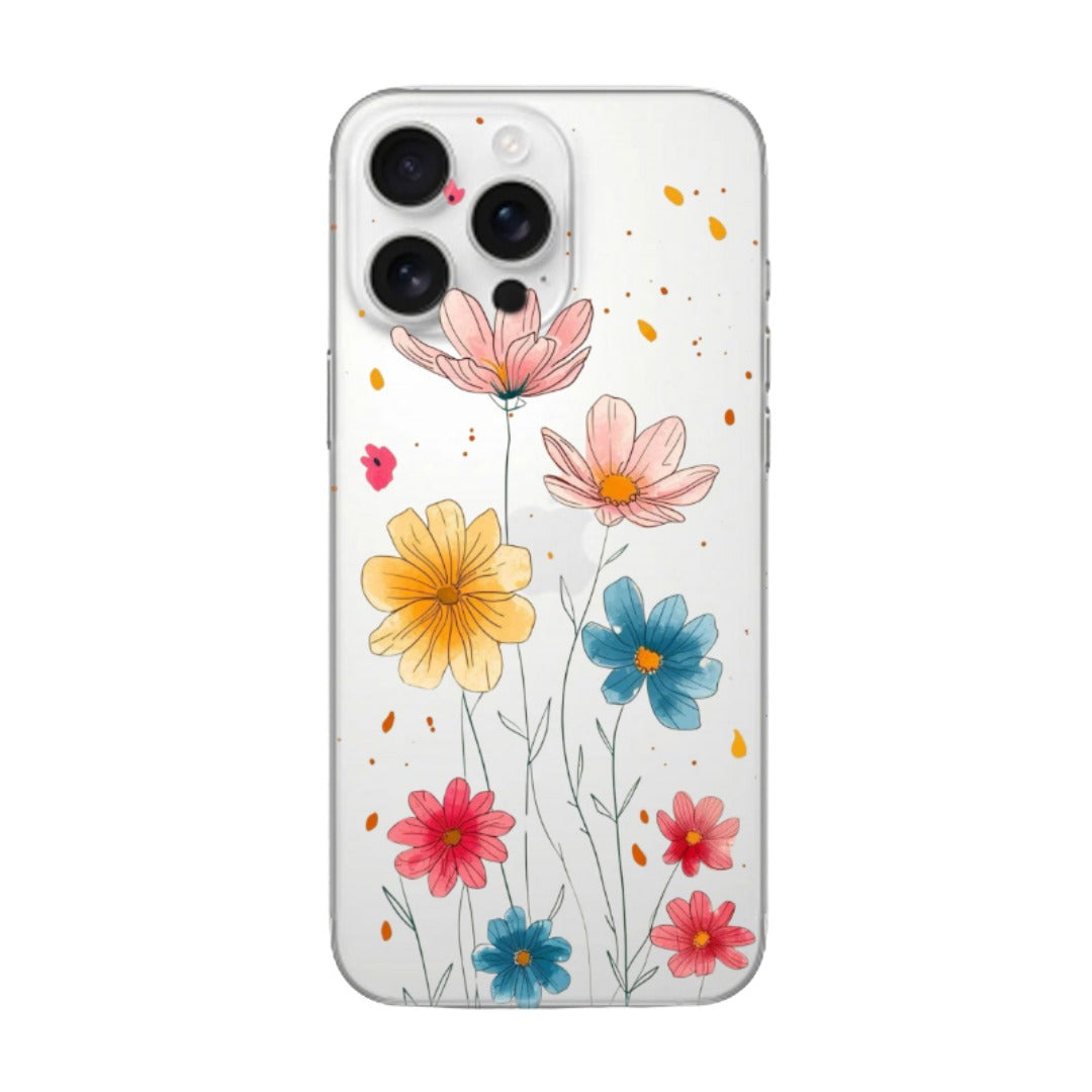 Çiçek desenli, şeffaf renkli iPhone telefon kılıfı, şık ve kişiye özel tasarım.