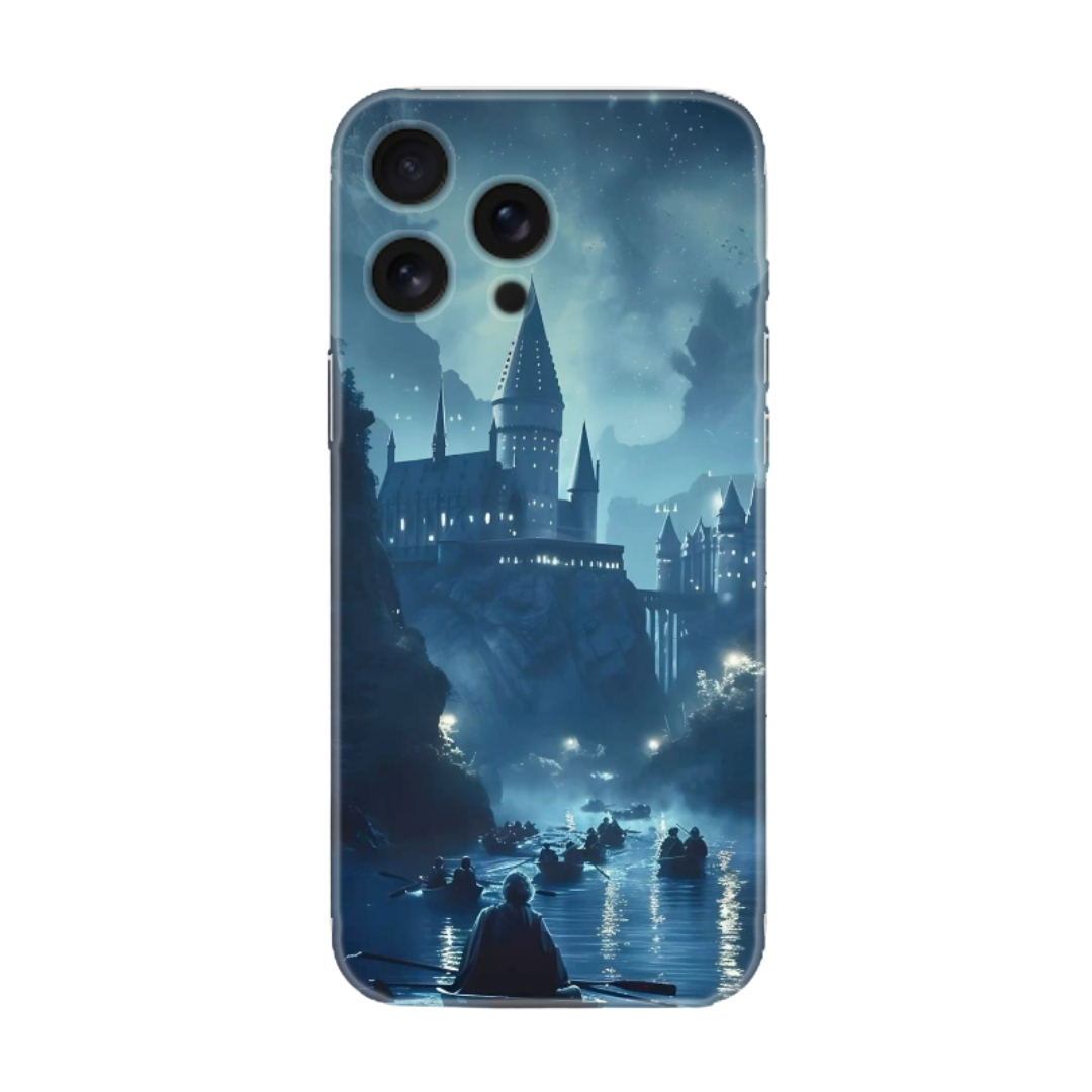 Gece manzaralı kaleli tasarıma sahip şeffaf iPhone telefon kılıfı