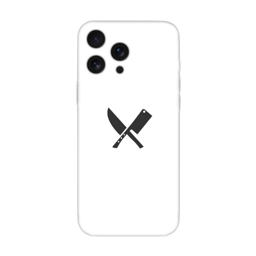 Beyaz telefon kılıfı, ortasında siyah bıçak ve satır simgesi tasarımı