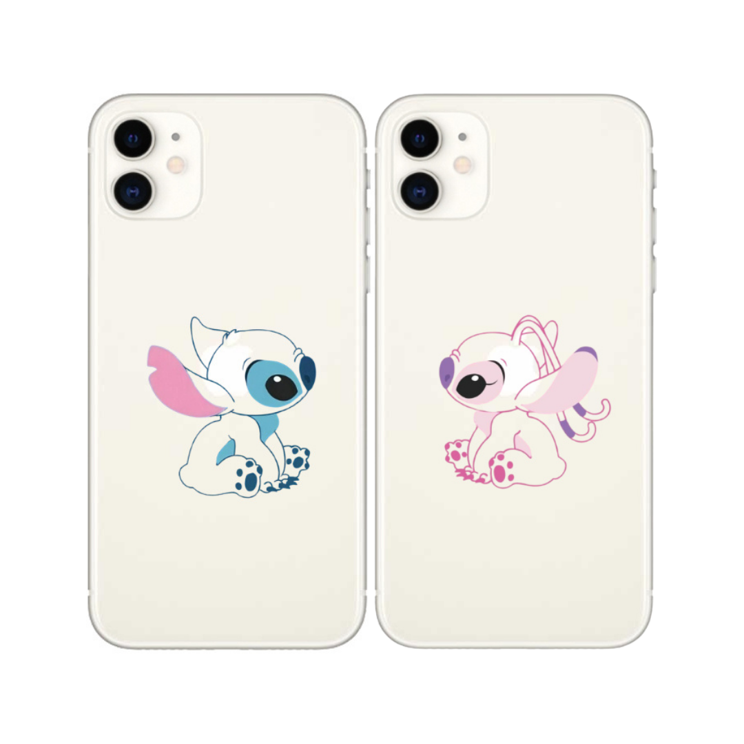 Sevimli çizgi karakterli şeffaf iPhone telefon kılıfı ikilisi, mavi ve pembe tasarımlı