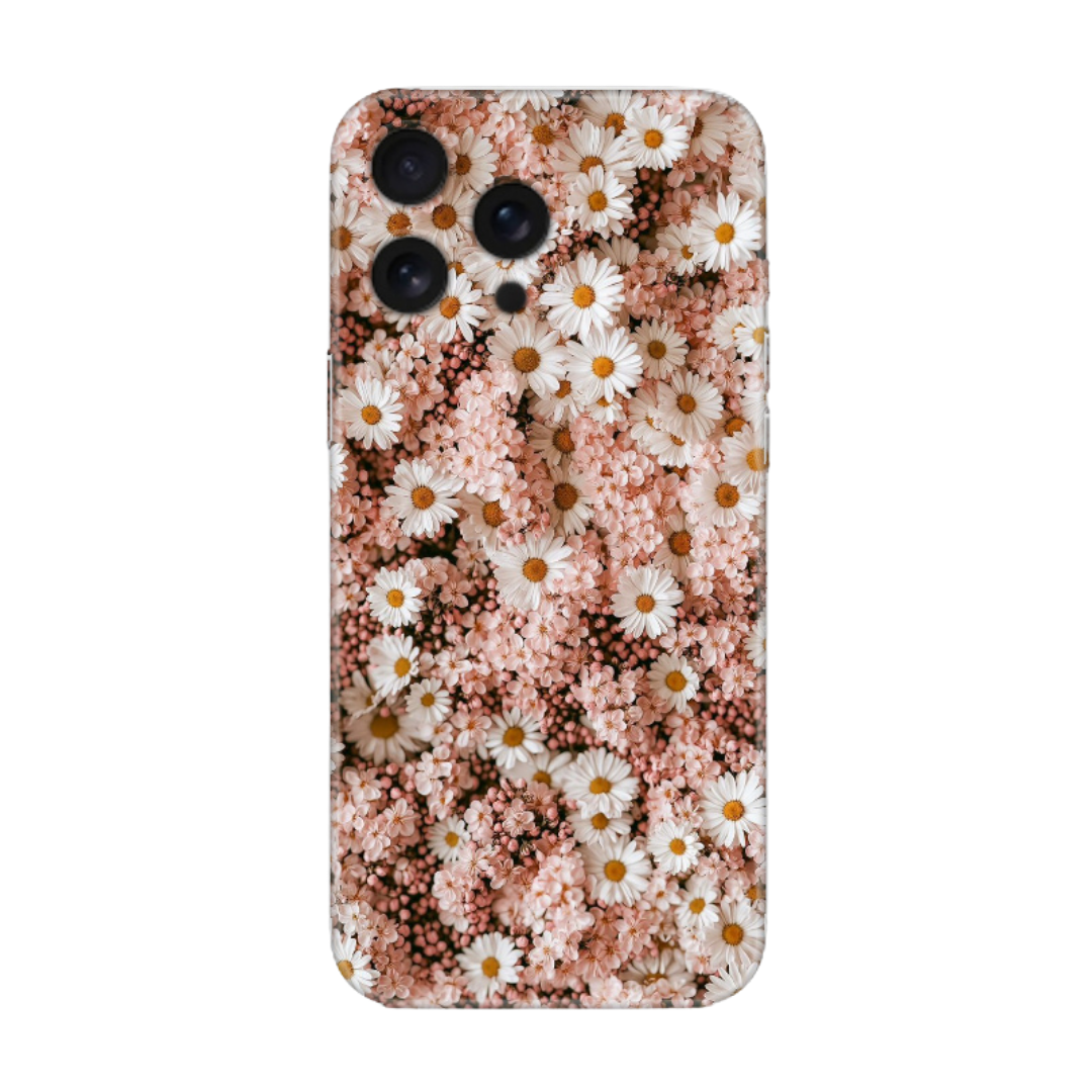 Papatya ve pembe çiçek desenli şeffaf telefon kılıfı, iPhone uyumlu, zarif tasarım