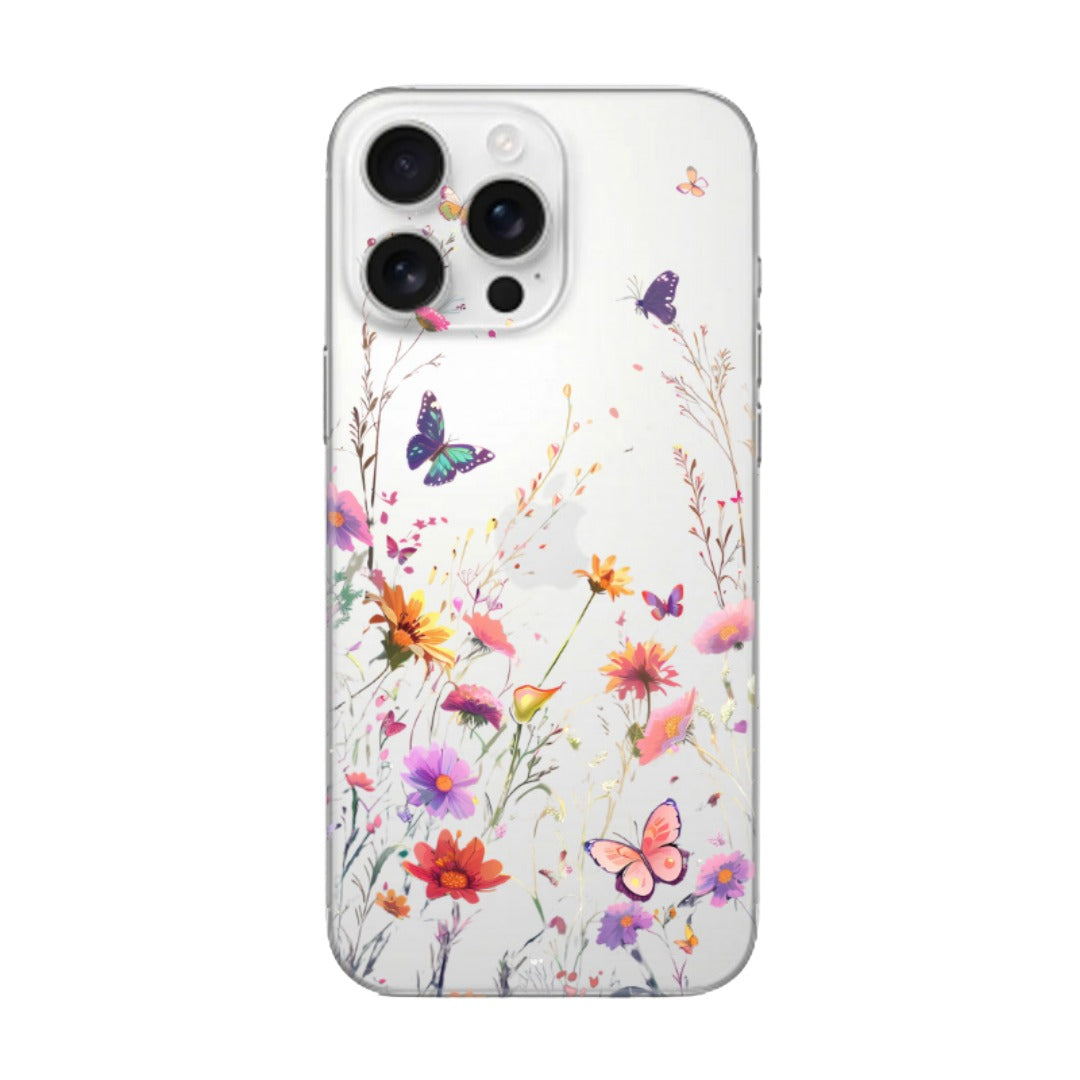 Renkli çiçekler ve kelebekler desenli şeffaf iPhone kılıfı, zarif telefon kılıfı tasarımı.