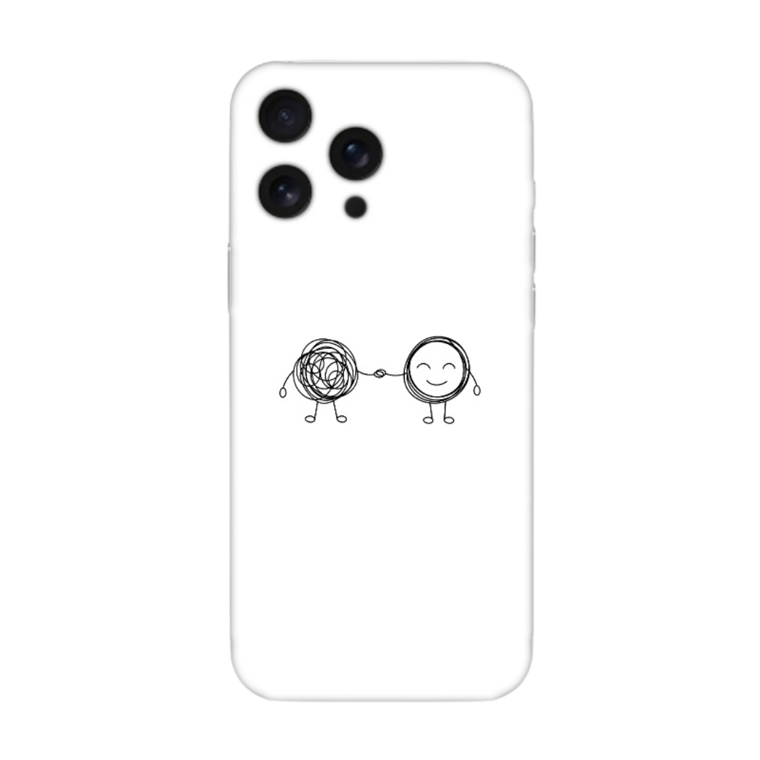 Minimalist çizimli, birbirine bağlı iki yüz figürlü beyaz telefon kılıfı