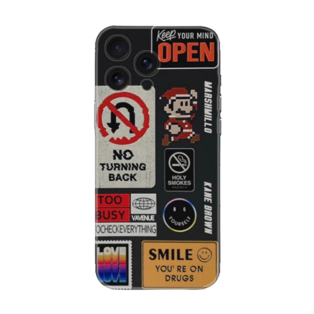 Sticker desenli, siyah zeminli iPhone telefon kılıfı, retro ve eğlenceli tasarım.