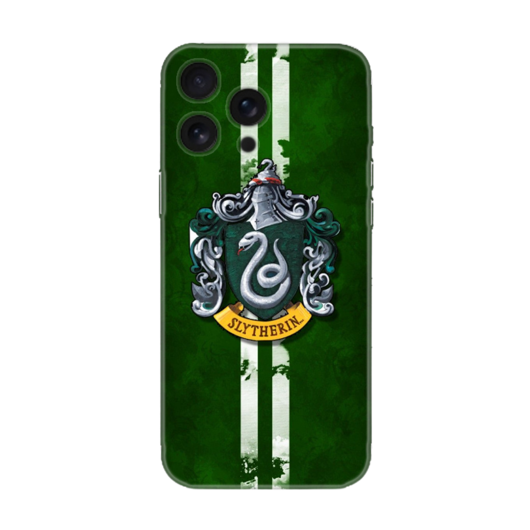 Yeşil Slytherin armalı, çizgili desenli telefon kılıfı