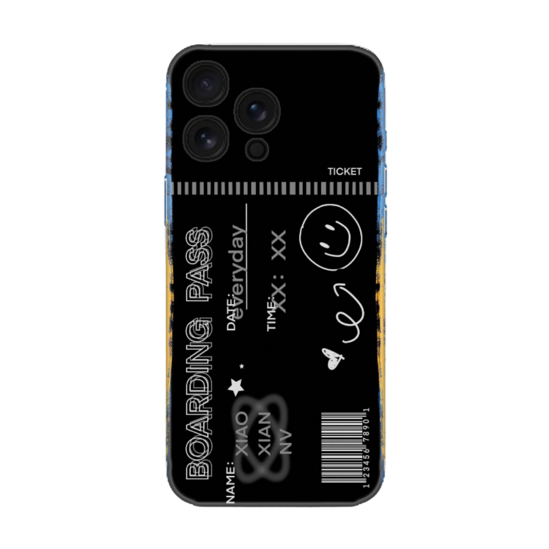 Siyah zeminli, uçak bileti tasarımlı, modern desenli telefon kılıfı