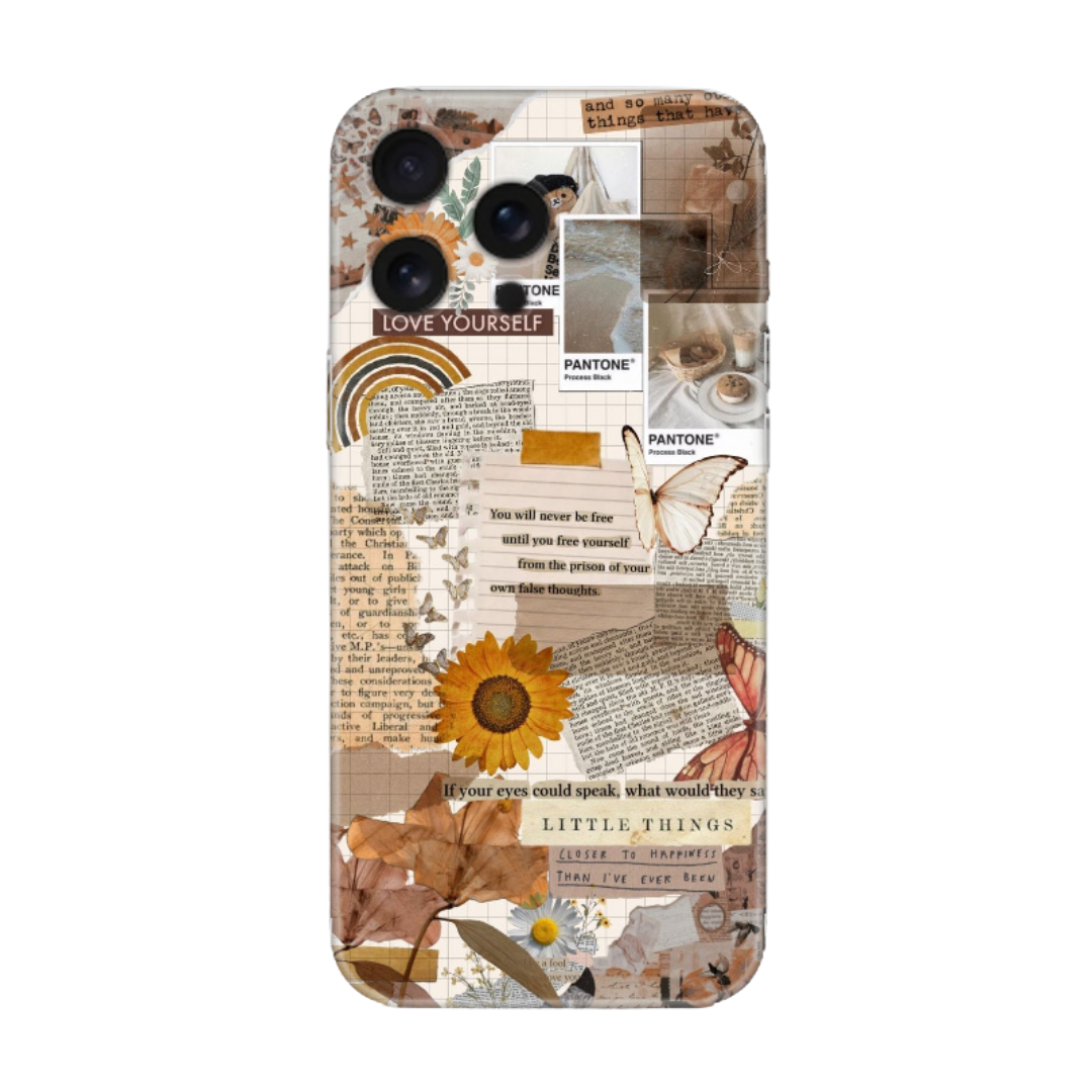 Vintage gazete, kelebek ve çiçek desenli iPhone telefon kılıfı