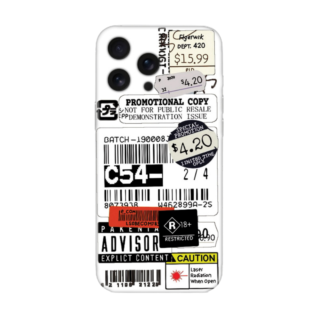 Fiyat etiketli, uyarı sticker’lı, beyaz arka kapaklı iPhone telefon kılıfı