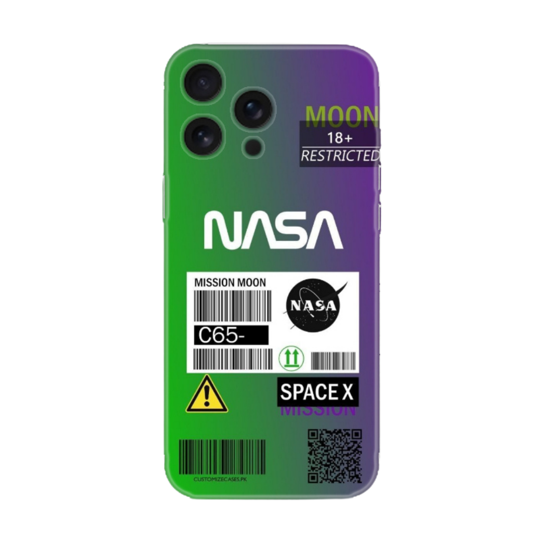 NASA ve Space X temalı, barkod ve uyarı işaretli yeşil-mor renkli telefon kılıfı