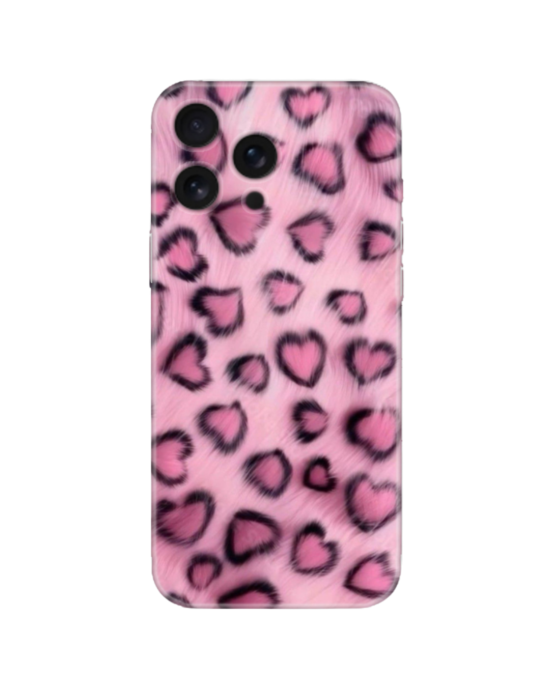 Pembe Kalp Şekilli Leopar Desenli Kürk Tasarımlı Telefon Kılıfı (Android/IOS Uyumlu)