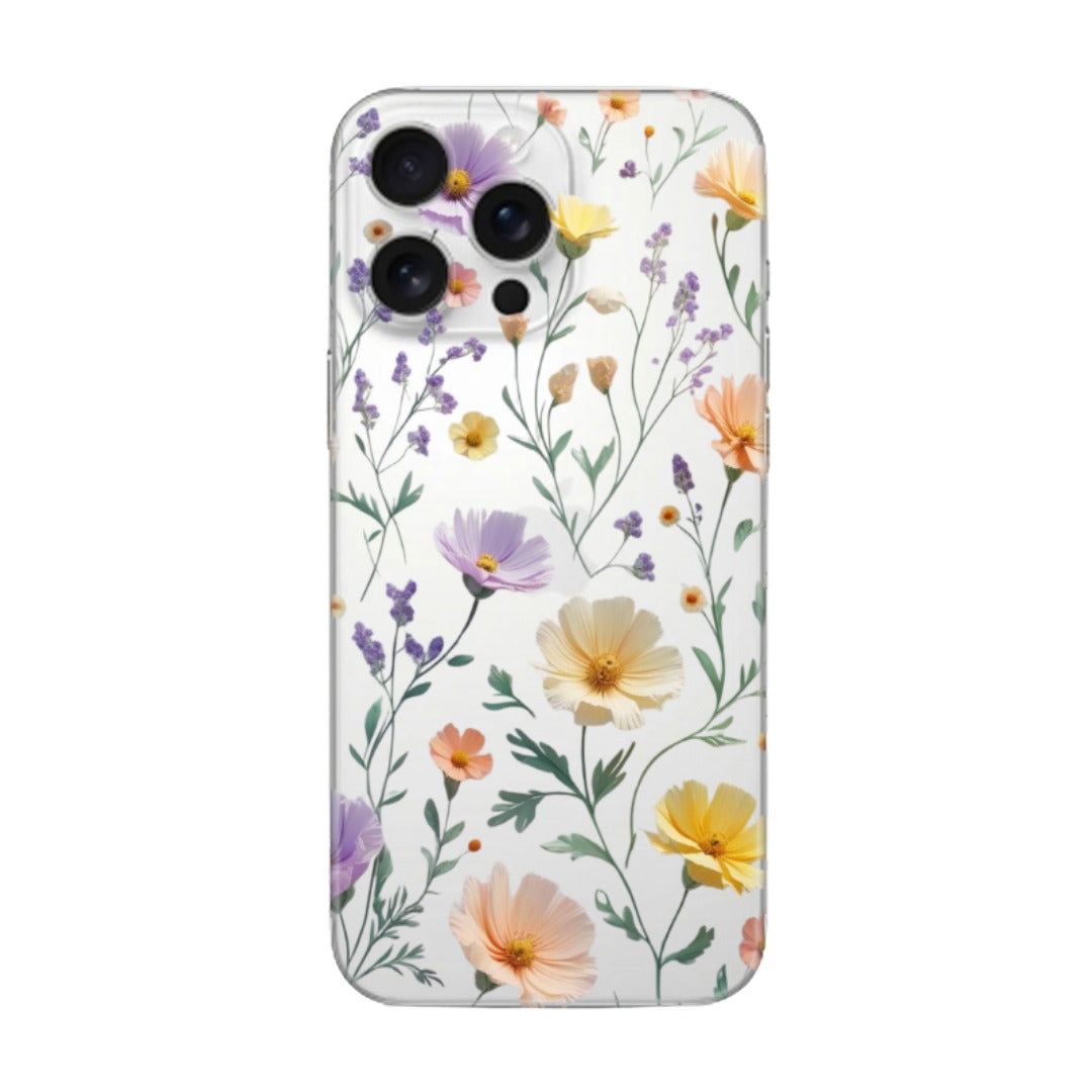 Çiçek desenli, şeffaf iPhone telefon kılıfı, pastel renkli çiçek tasarımlı kapak.