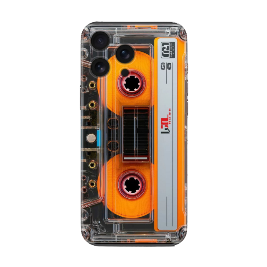 Turuncu kaset tasarımlı iPhone telefon kılıfı, retro desenli, şeffaf kapak