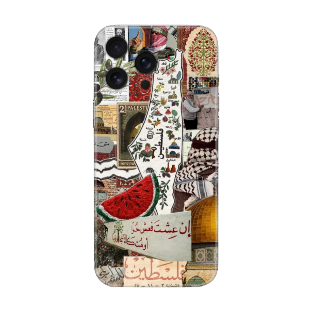 Üzerinde Filistin haritası, karpuz ve kültürel motifler olan şık iPhone telefon kılıfı