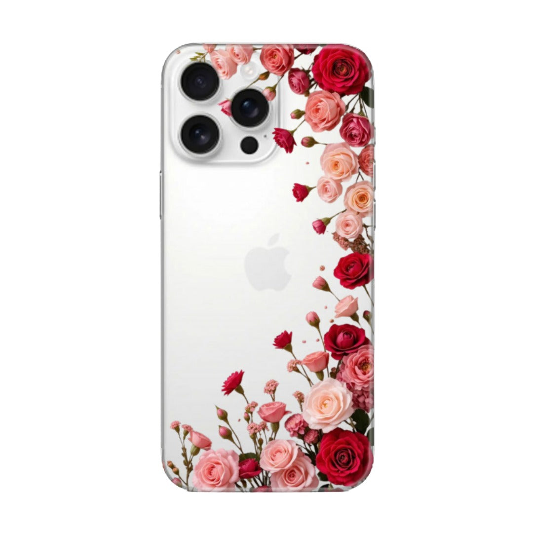 Şeffaf arka planlı, kırmızı ve pembe çiçek desenli iPhone telefon kılıfı