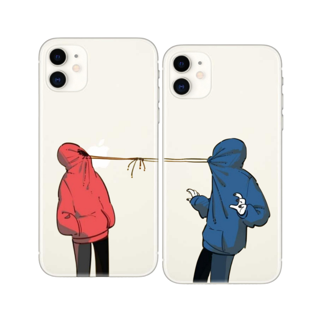 Kırmızı ve mavi kapüşonlu illüstrasyonlu, iPhone uyumlu çift telefon kılıfı tasarımı