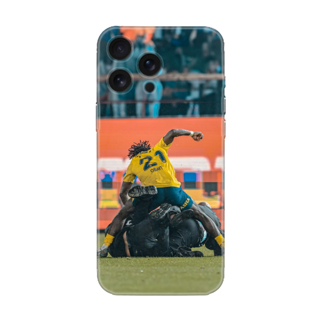 Sarı ve lacivert formalı futbolcu baskılı telefon kılıfı, spor temalı tasarım