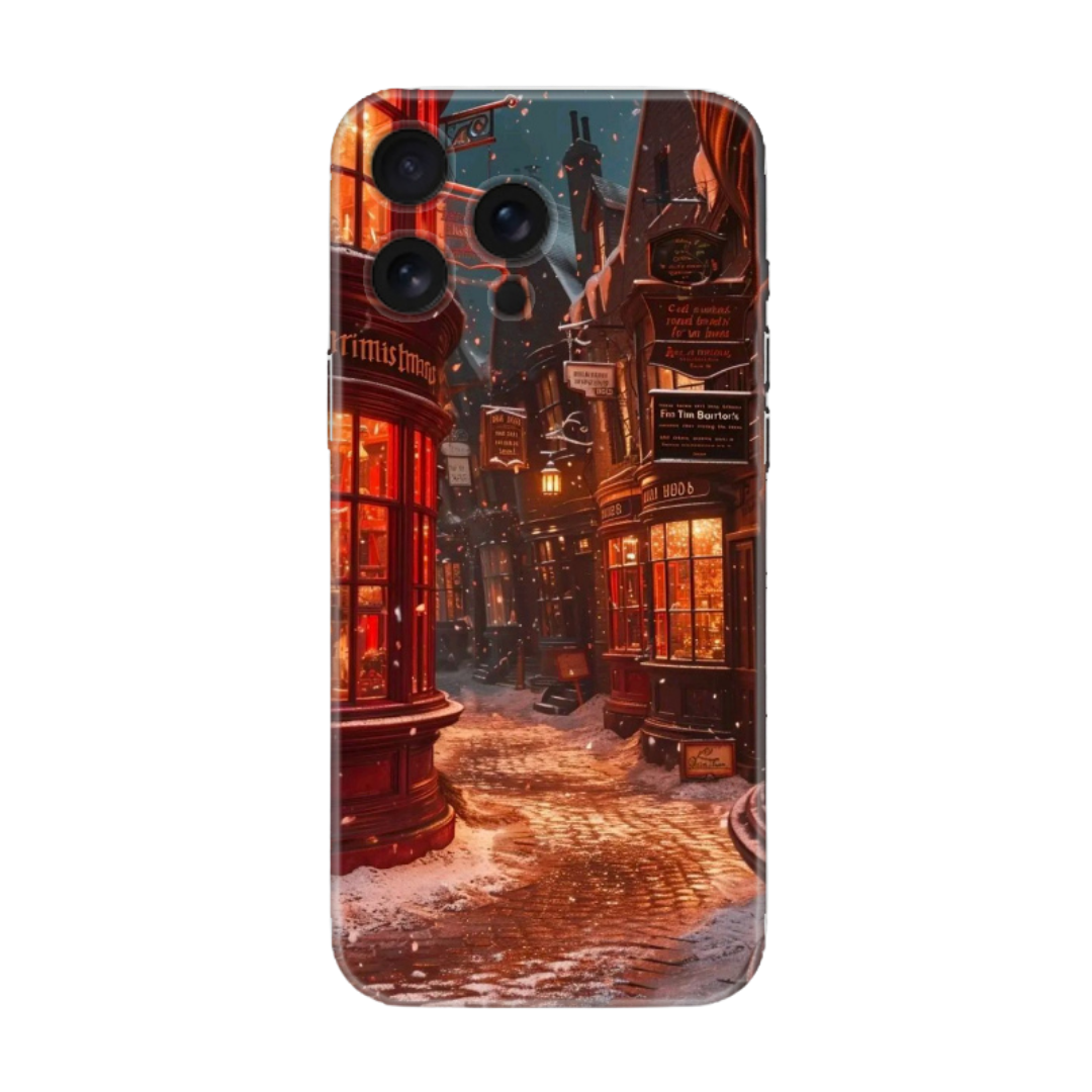 Karlı sokak temalı, renkli tasarımlı iPhone telefon kılıfı