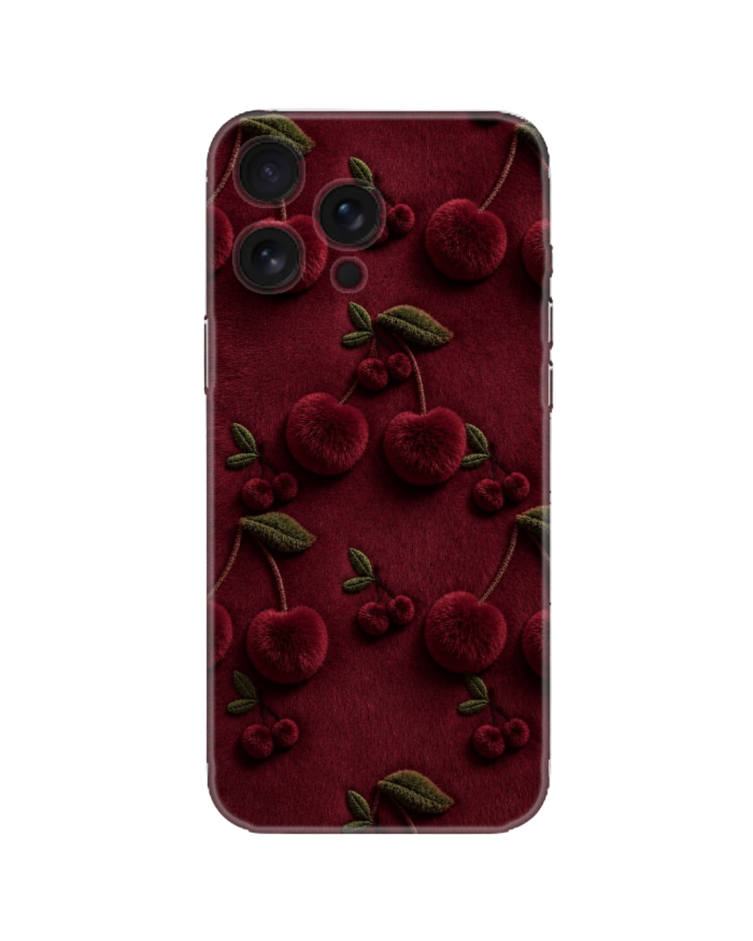 Koyu Bordo Peluş Kiraz Desenli Telefon Kılıfı (Android/IOS Uyumlu)