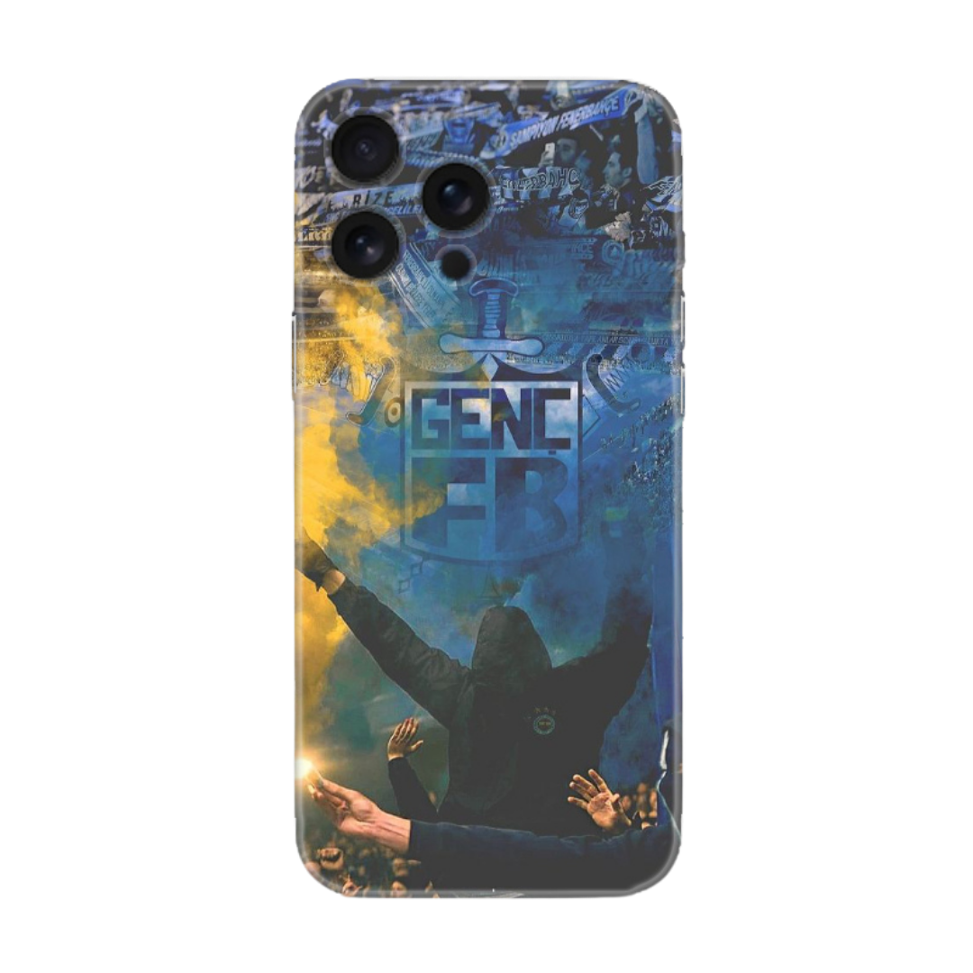 GENÇ FB logolu, tribün ve taraftar görselli, sarı-lacivert telefon kılıfı