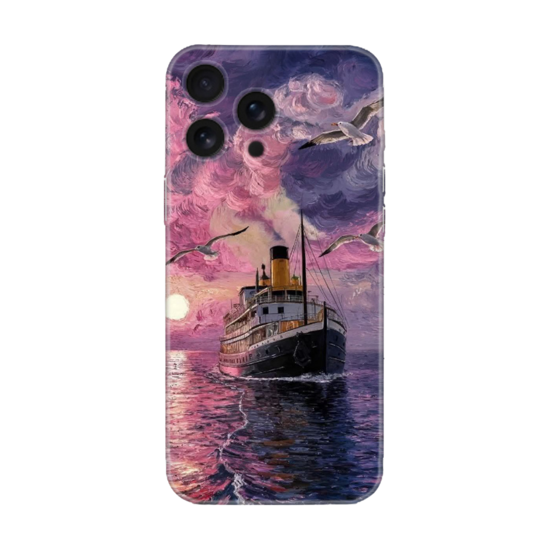 Vapur ve martı desenli, gün batımı temalı sanatsal telefon kılıfı tasarımı