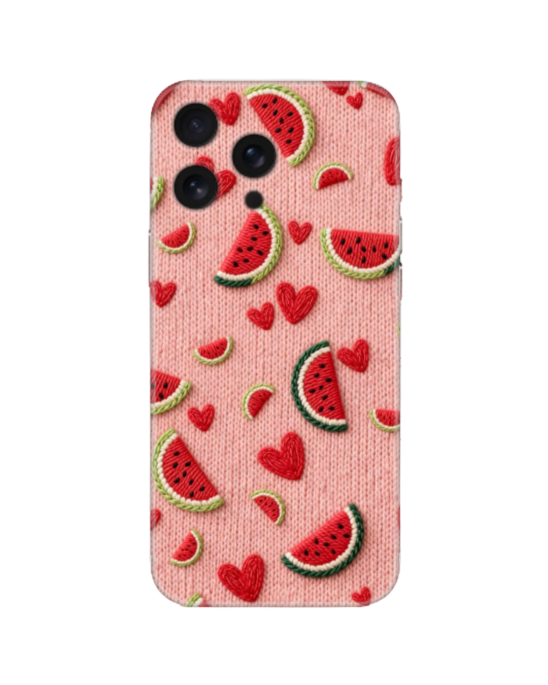Karpuz ve Pembe Kalp Nakış/Örgü Efektli Telefon Kılıfı (Android/IOS Uyumlu)