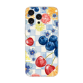 Meyve ve çiçek desenli, mavi beyaz kareli iPhone telefon kılıfı