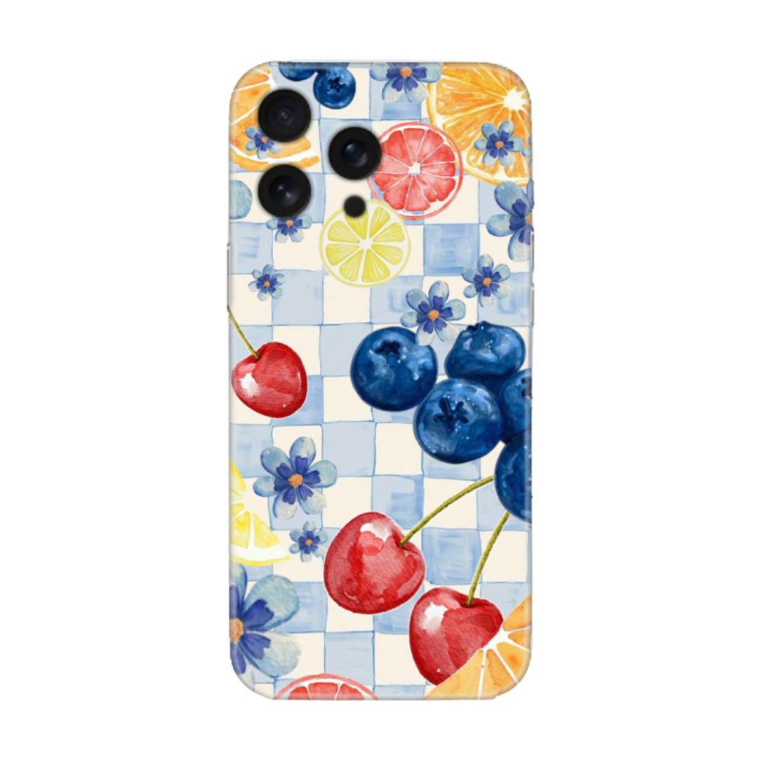 Meyve ve çiçek desenli, mavi beyaz kareli iPhone telefon kılıfı