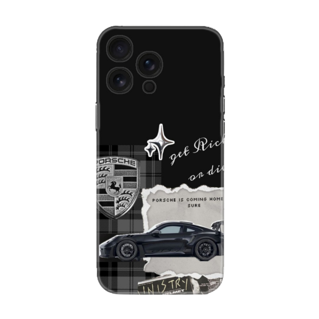 Siyah spor araba ve Porsche logosu desenli, şık iPhone telefon kılıfı