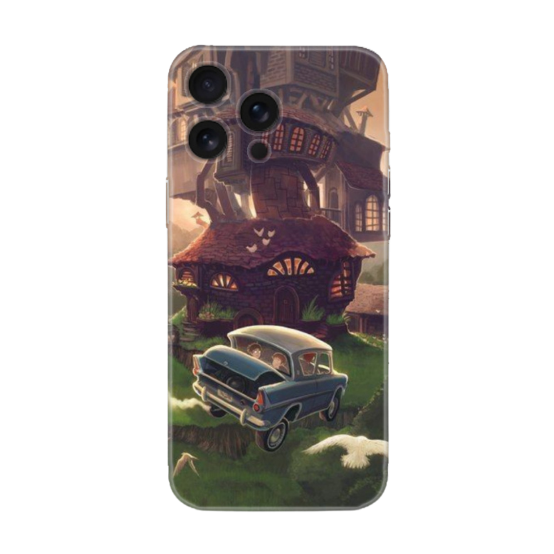Çizimli uçan araba ve fantastik ev desenli telefon kılıfı, iPhone uyumlu şık tasarım