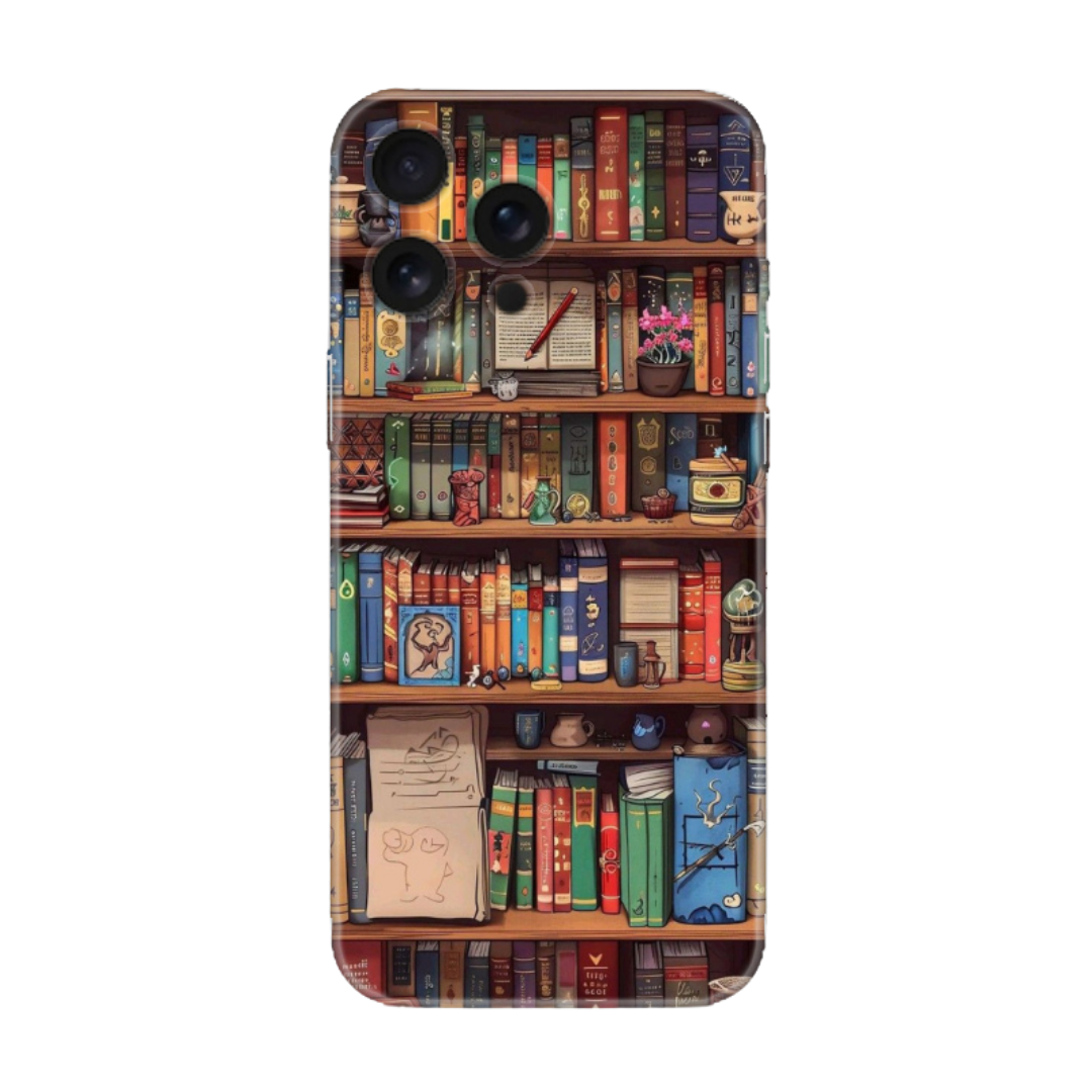 Kitaplık desenli, renkli modern telefon kılıfı, iPhone uyumlu, kitap severler için.