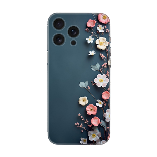 Çiçek desenli şık telefon kılıfı, iPhone uyumlu, mavi zemin üzerine pembe ve beyaz çiçekler.