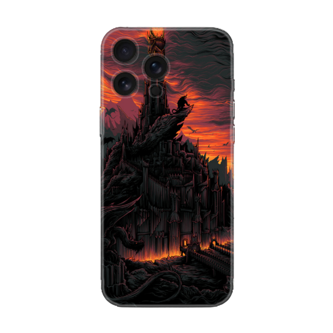 Karanlık şato ve ejderha tasarımlı telefon kılıfı, gotik ve fantastik desenli