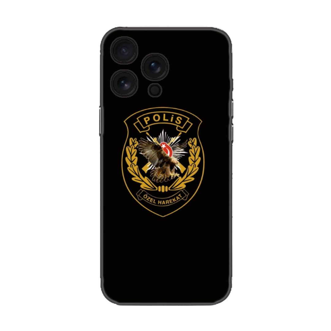 Siyah zeminli, Türk Polis Özel Harekat armalı kartal desenli telefon kılıfı