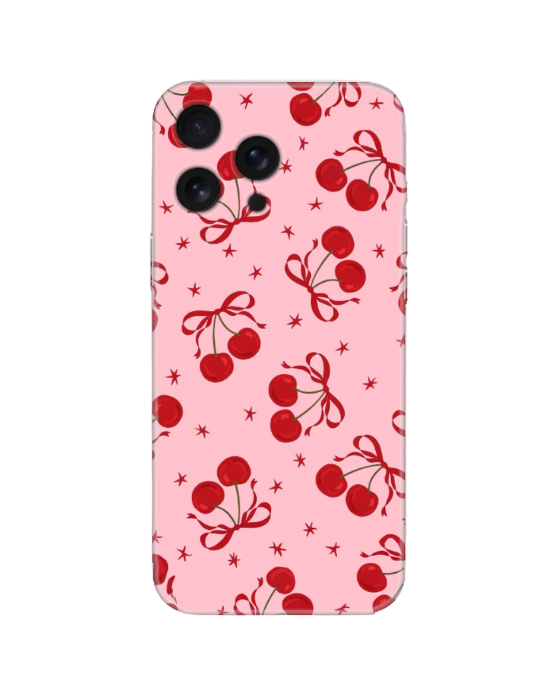 Pembe Zemin Kırmızı Kurdeleli Kiraz Desenli Telefon Kılıfı (Android/IOS Uyumlu)