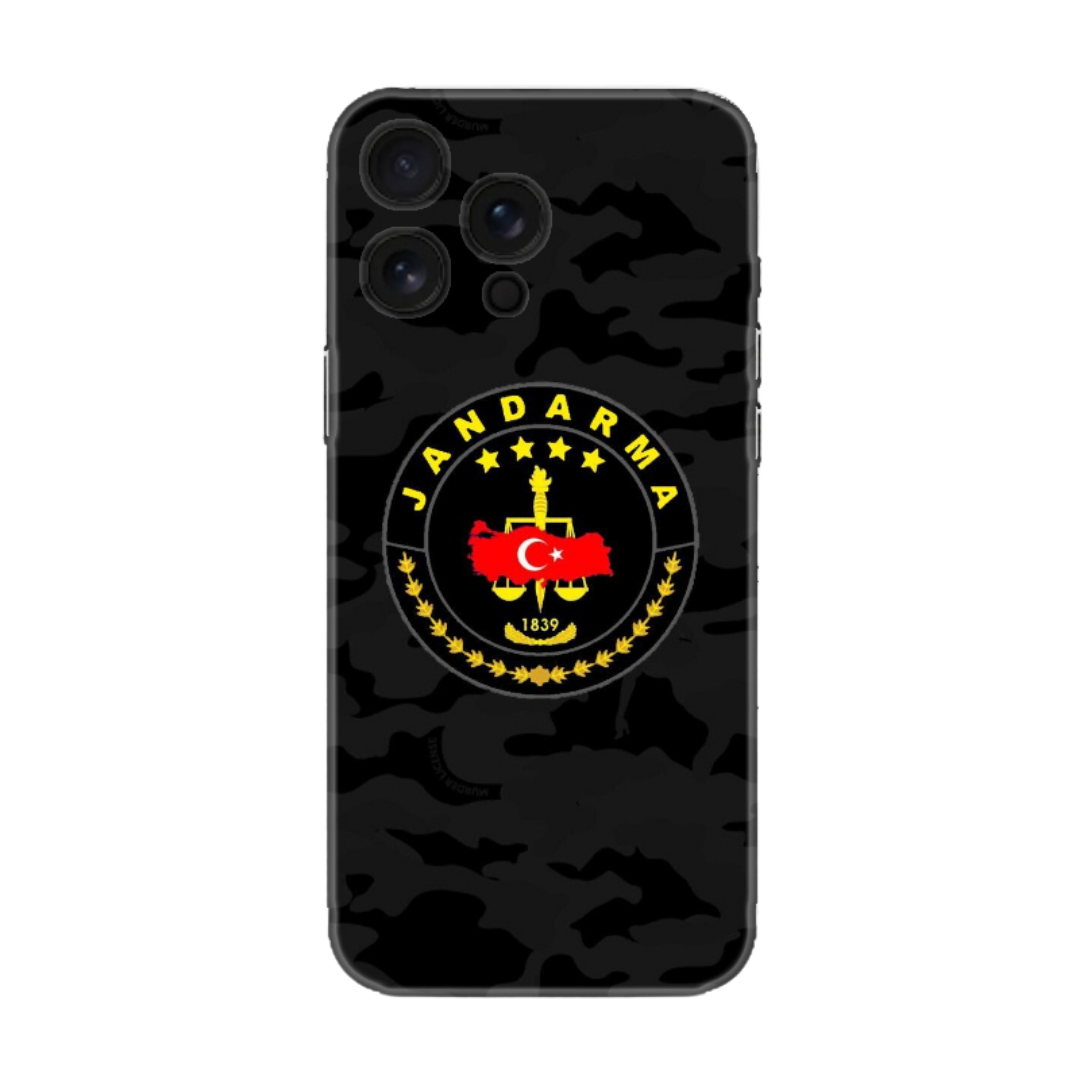 Siyah kamuflaj desenli, Jandarma armalı iPhone telefon kılıfı