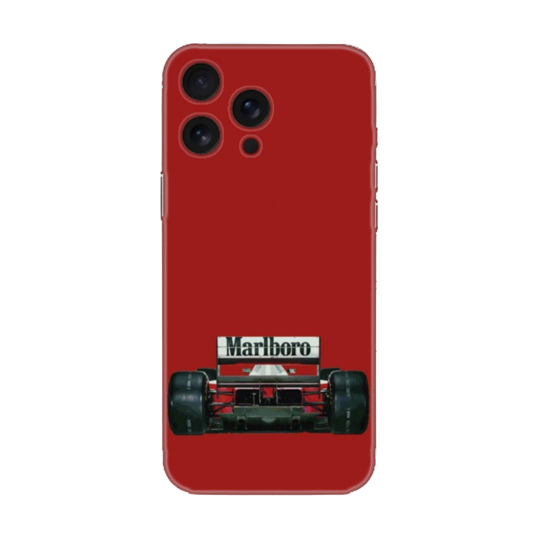 Kırmızı arka planda yarış arabası desenli telefon kılıfı, şık ve dayanıklı tasarım