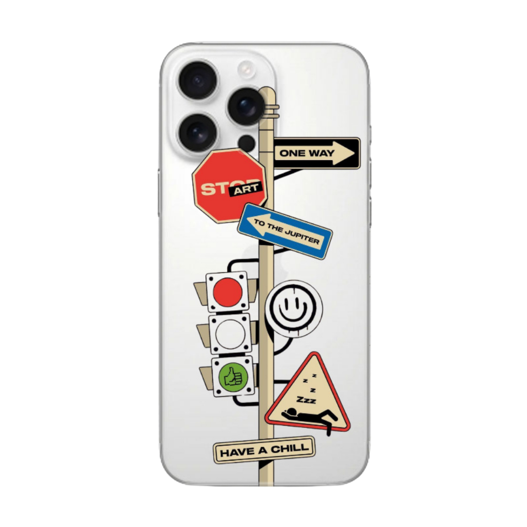 Renkli yol tabelalı, eğlenceli desenli şeffaf iPhone telefon kılıfı