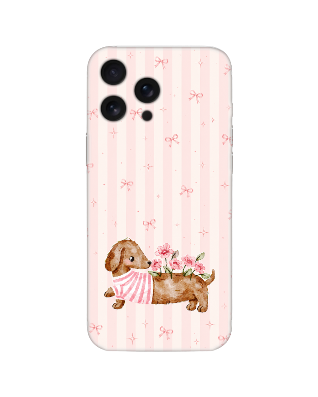 Sevimli Dachshund Köpek Ve Çiçek Desenli Pembe Çizgili Telefon Kılıfı (Android/IOS Uyumlu)