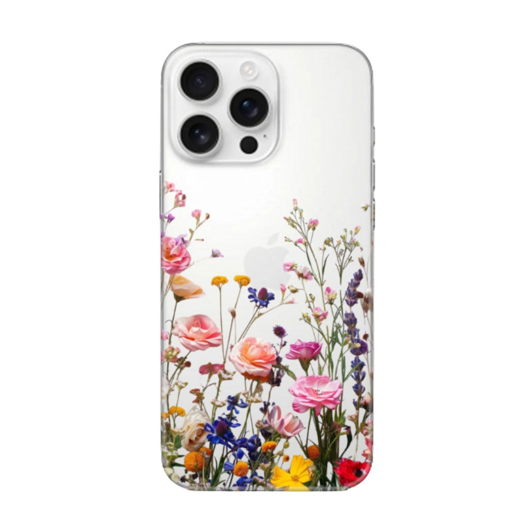 Çiçek desenli, şeffaf iPhone telefon kılıfı, renkli ve zarif tasarım.