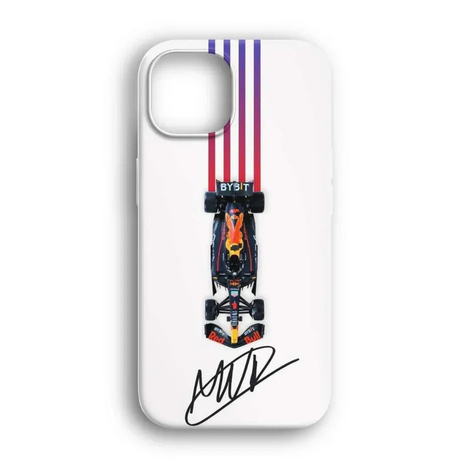 Formula 1 araba tasarımlı beyaz iPhone kılıfı, renkli çizgiler ve imza detaylı