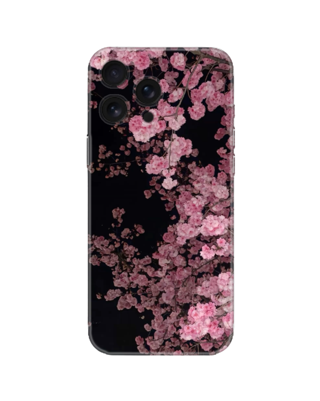 Siyah Zemin Pembe Sakura Kiraz Çiçeği Desenli Telefon Kılıfı (Android/IOS Uyumlu)
