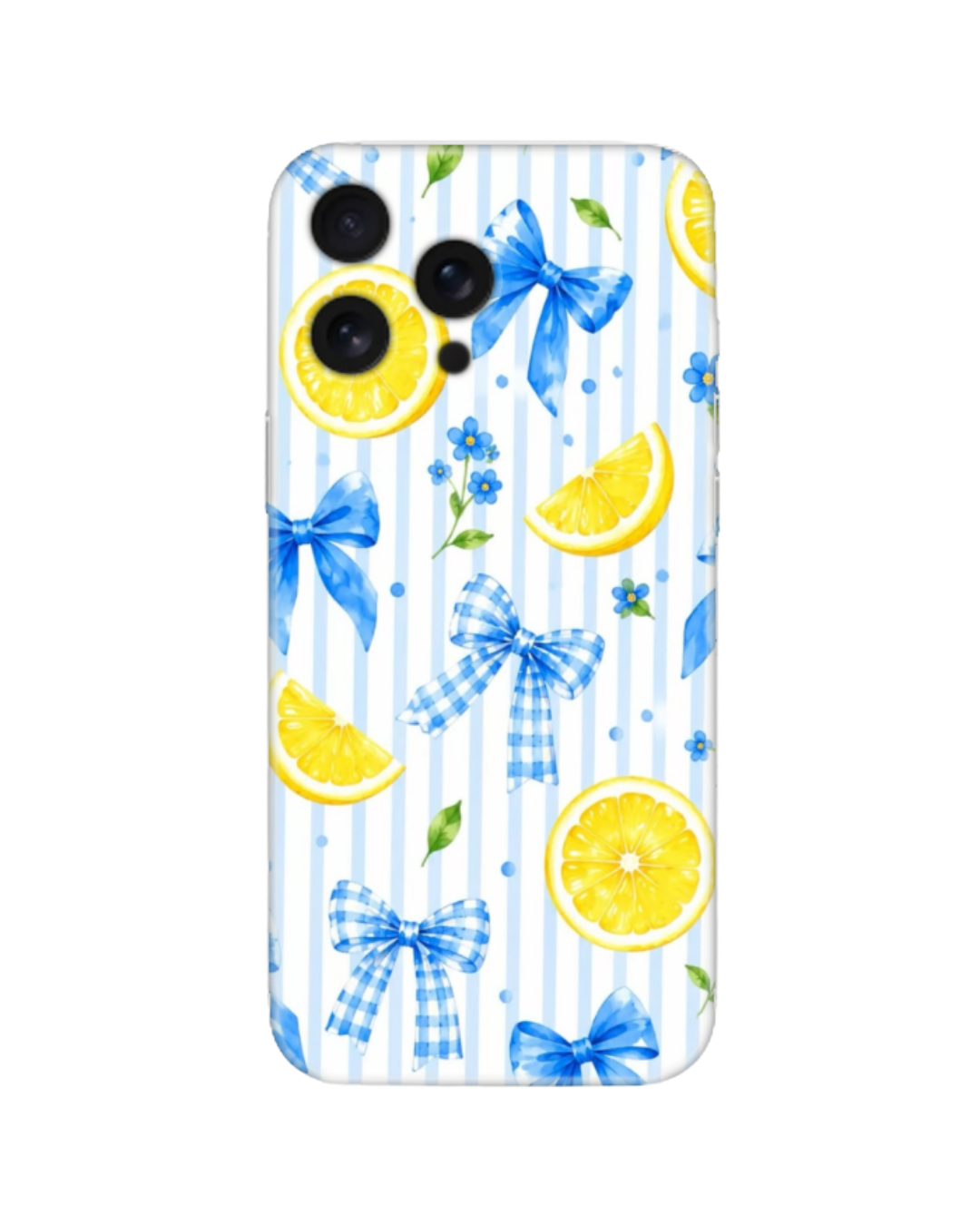Mavi Çizgili ve Fiyonklu Sarı Limon Desenli Telefon Kılıfı (Android/IOS Uyumlu)