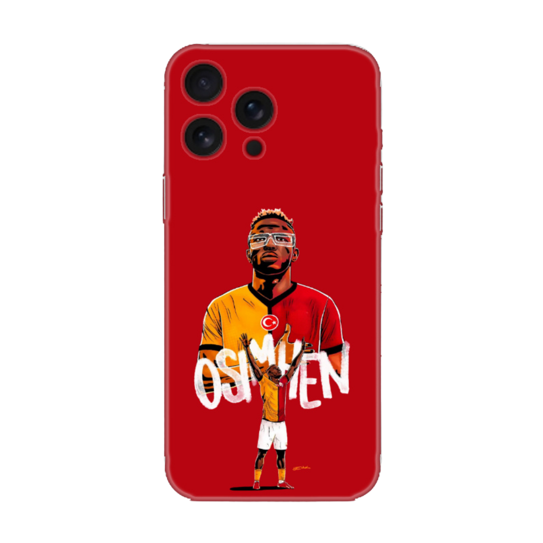 Kırmızı zeminli, sarı kırmızı formalı futbolcu illüstrasyonlu iPhone telefon kılıfı