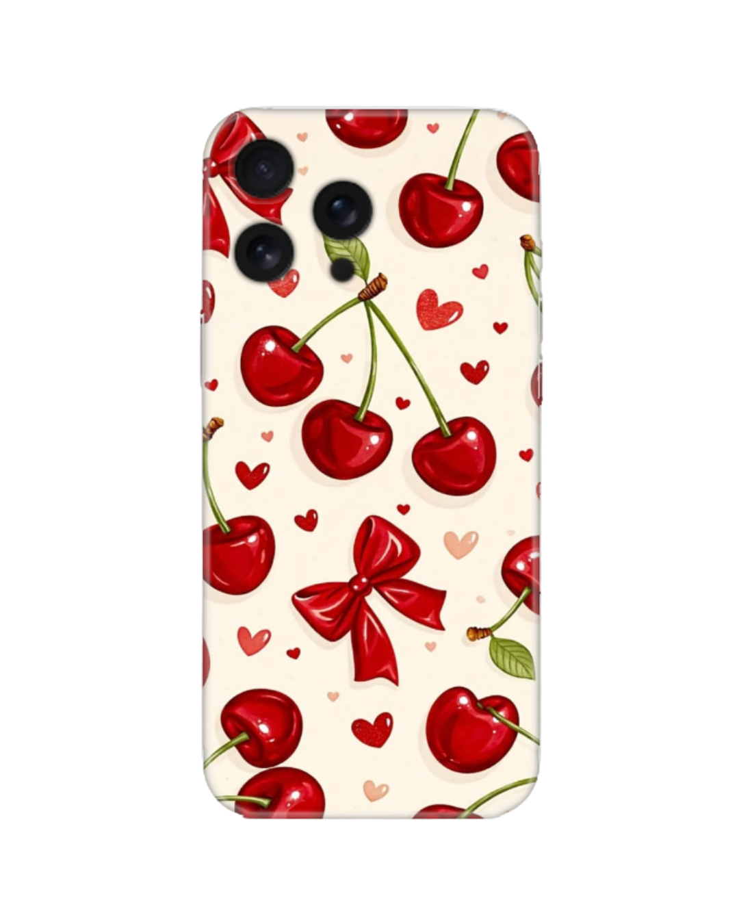 Kırmızı Kiraz ve Fiyonk Desenli Telefon Kılıfı (Android/IOS Uyumlu)