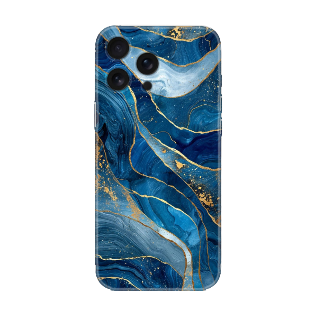 Mavi ve altın desenli, şık iPhone telefon kılıfı arka görünüm