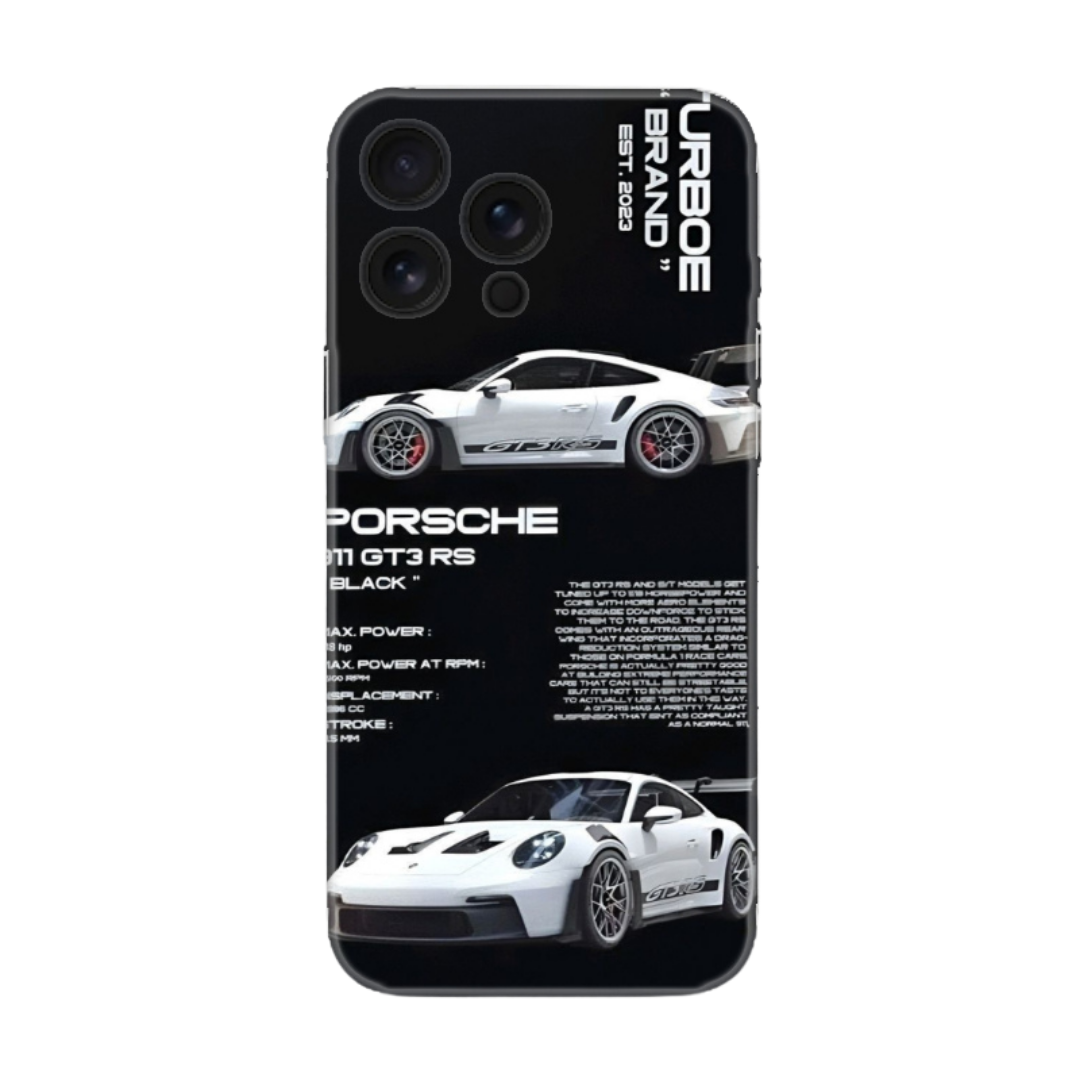 Siyah zeminli, beyaz Porsche 911 GT3 RS baskılı şık telefon kılıfı
