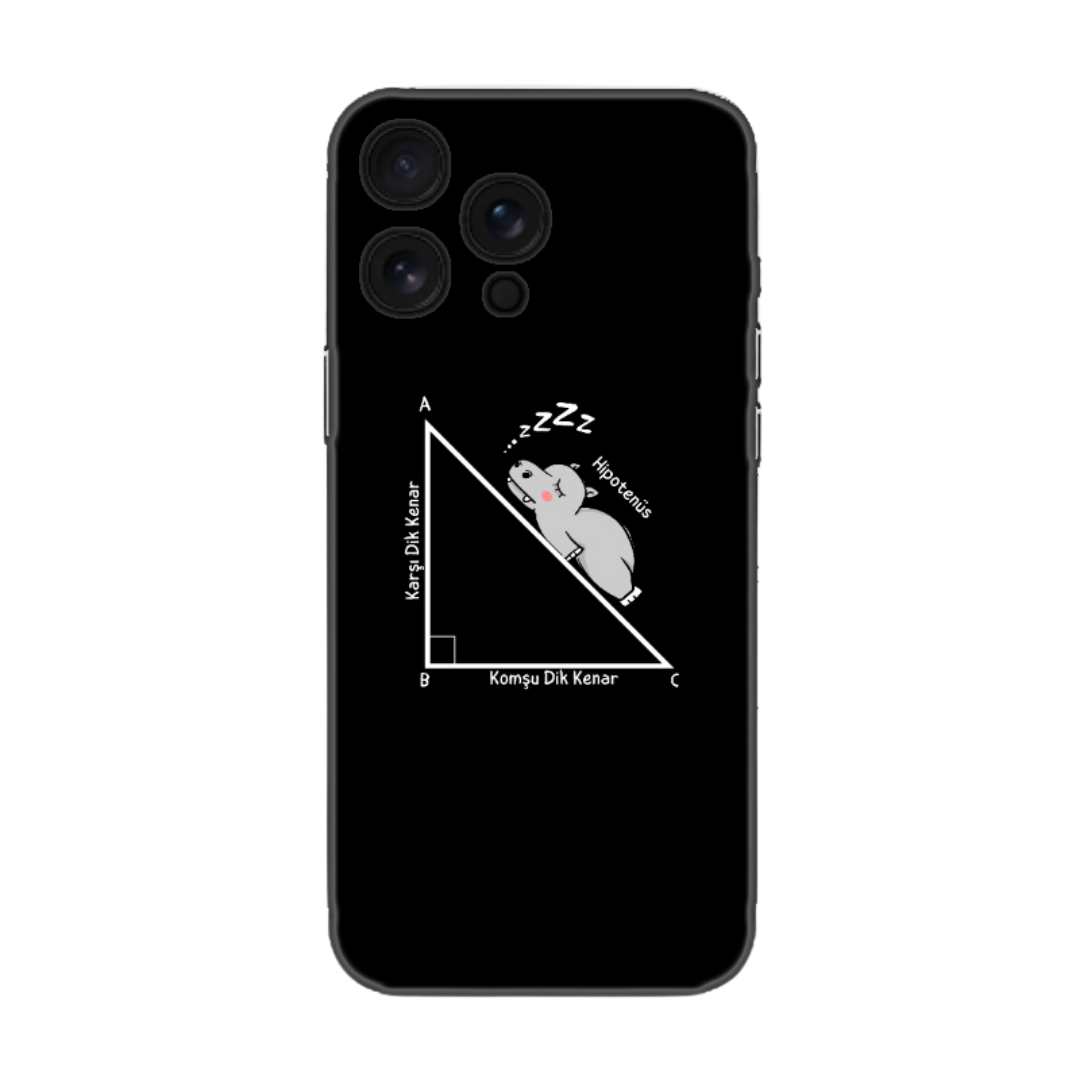 Siyah telefon kılıfı üzerinde uyuyan hipopotam ve dik üçgen mizahi matematik tasarımı
