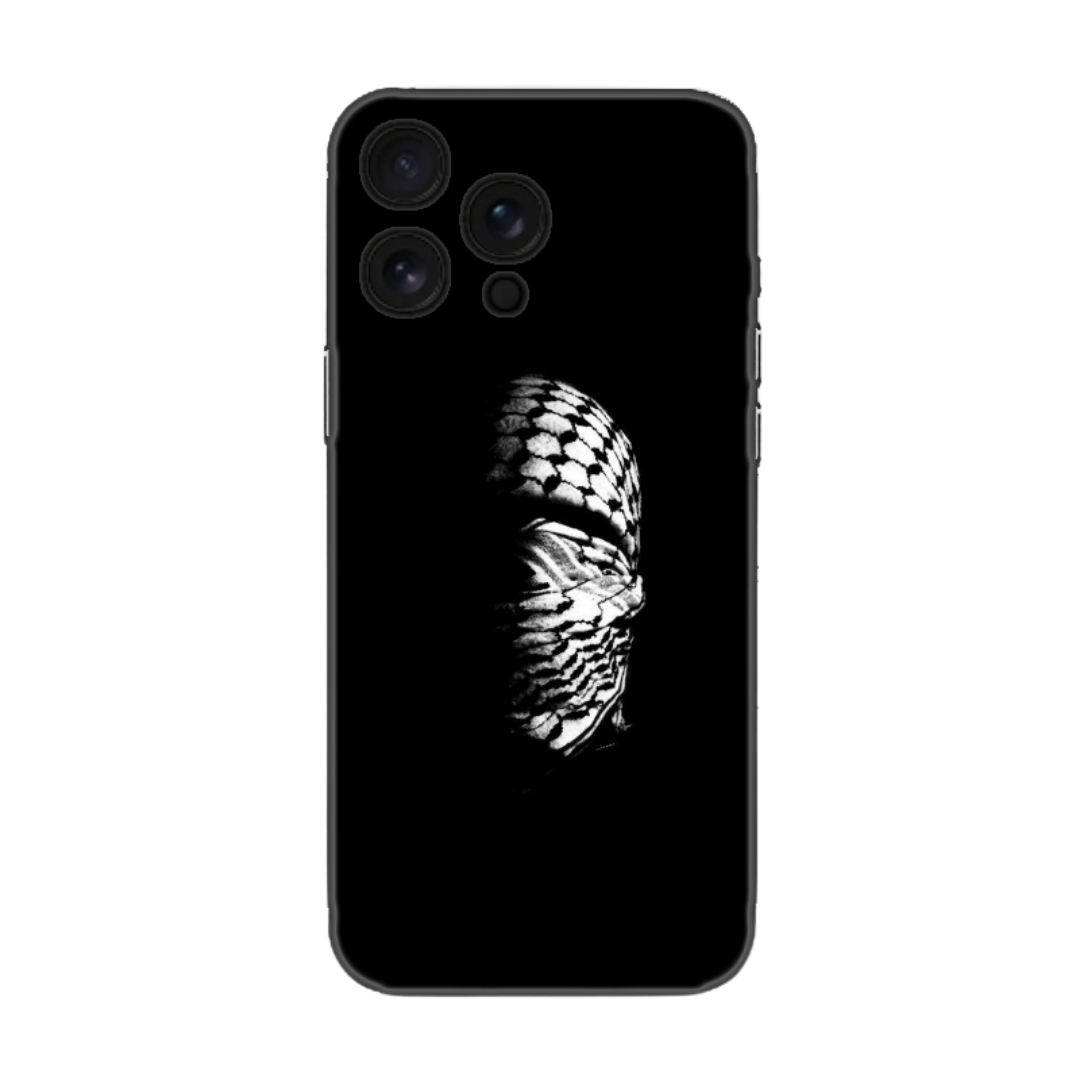 Siyah fon üzerinde desenli yüz örtülü tasarıma sahip iPhone telefon kılıfı